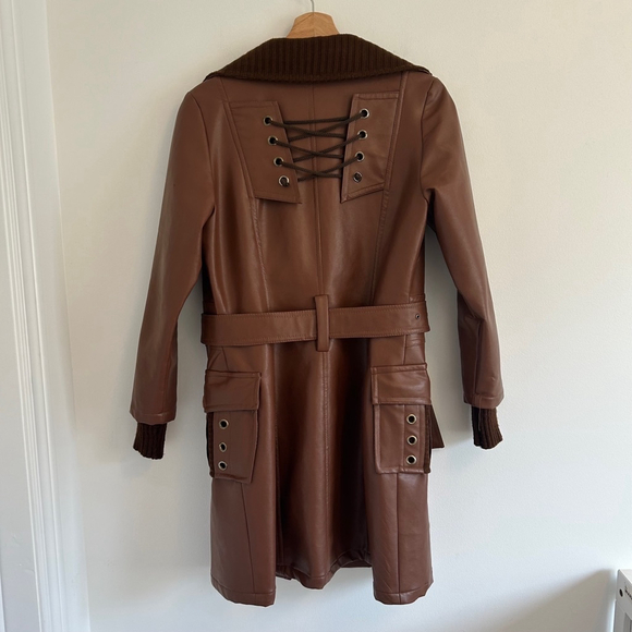 1970s Vintage Inspired Faux Leather Double Breasted Trench Coat Brown Size 2/4 - Picture 8 of 13
